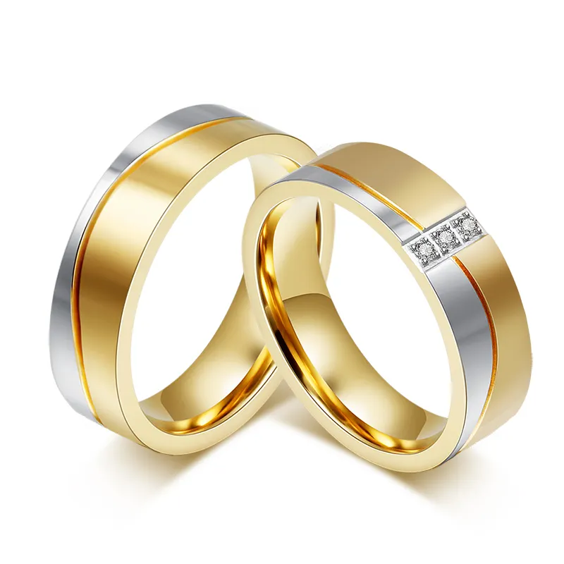 New Arrivals Online Store Simple Stainless Steel Couple Ring Set With Stones