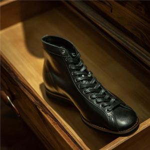 High-top Classic Boxing <b>Boots</b>: Retro Color-blocked Round-toe Lace-up Men's Ankle <b>Boots</b> Cowhide Patchwork <b>Work</b> <b>Boots</b> - Product Image 2