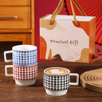 Tasses à café en céramique empilables Modern Birds, motif pied-de-poule, réutilisables, anti-fuite, sans BPA, grande capacité, compatibles lave-vaisselle et micro-ondes