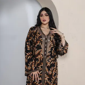 Women Dubai Kaftan Arab Islamic Middle East Ethnic Print Long Sleeve Abaya Muslim Dress Arabic Abaya 2022 Latest Design