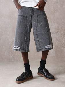 تصميم مخصص مبعثر حجر الراين فضفاض الدنيم Jorts المتعثرة تنحنح ضوء غسل الرجال الجينز السراويل كبيرة الحجم جوهرة الماس الجينز السراويل - Product Image 2