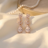 Boucles d'oreilles pendantes hypoallergéniques plaquées or rose 18 carats avec feuilles botaniques, grappe de zircons cubiques AAA, poire et goutte d'eau, style bohème, pour mariage, collection 2026