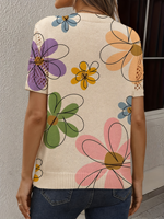 Pull en maille à motif floral dessiné à la main pour femme 2026, style Pop Art, col en V, manches courtes, maille ajourée, patchwork, 100 % polyester