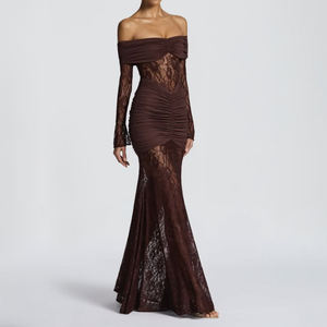 Robe longue moulante élégante en maille et dentelle T-1557 pour femme, manches longues, sexy, épaules dénudées, transparente, décontractée, pour <span class=keywords><strong>soir</strong></span>ée et fête estivale - Product Image 1