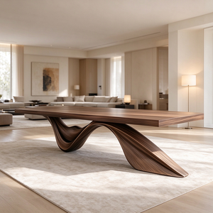 Solid Wood Art Dining <strong>Table</strong> Hand Carved Sculpture <strong>Table</strong> Luxury Wave Shape Wooden Console <strong>Table</strong> for Hotel Lobby Villa Showroom - Product Image 1