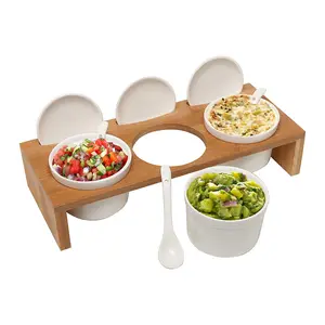 Custom Bamboo Condiment Set Sauce Ramekins 3 Piece Set with Lids and Spoons on Bamboo Raised Display Serving Tray