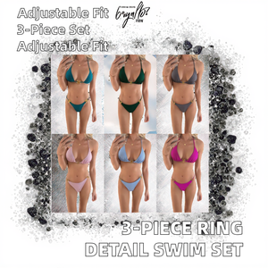 STOCK Handmade Solid 3Colors Washed 100% Polyester Rings Details Women 3Pieces Swimwear Triangle <b>Top</b> Cheeky Bikini Set - Product Image 2