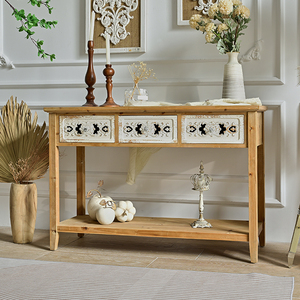Living Room Entrance Hallway Classic Scalloped Edge Long Vintage <b>Rustic</b> Hall White Washed Wood and Metal <b>Console</b> <b>Table</b> - Product Image 3