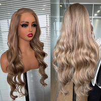 Pelucas de Cabello Humano con Encaje Frontal, Color Rubio Miel con Reflejos, Ombre Marrón Ceniza con Rubio, Ondulado, Encaje Frontal HD, Pre-Plucked