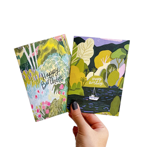 Cartes de vœux personnalisées au style d'illustration dessinée à la main, fantaisie, solution professionnelle pour cartons sur le thème des paysages lacustres - Product Image 1