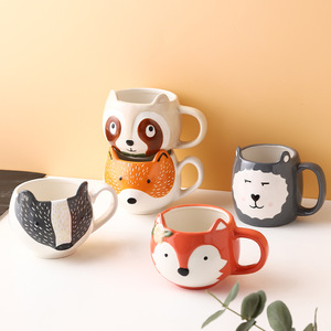 Lelyi-Taza de cerámica con dibujos animados, tazón creativo pintado a mano con animales, zorro, mapache, gato, búho - Product Image 1