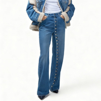 Jean droit taille haute décontracté pour femme Channel Chic, avec boutons apparents, coupe boyfriend, jambe large, en denim, tendance 2026