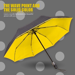 High Quality <b>Plastic</b> Handle Dot Full Print Yellow Umbrella Modern Design 3 Fold Double Layers Metal <b>Frame</b> Fully-Automatic 190T - Product Image 2