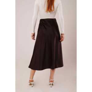 Falda Midi de Satén Marrón en Forma de Campana, Estilo Cruzado con Cintura Imperio, Lisa, con Cintura Natural, Talla XS para la Temporada de Verano - Product Image 1