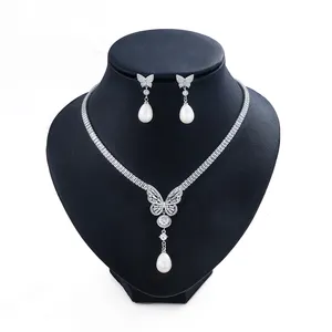 New Arrival Cubic Zirconia Butterfly V Shape Necklace and Drop Earring Bridal Jewelry Set