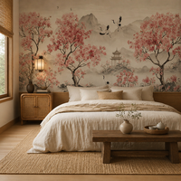 Papier peint auto-adhésif imperméable à l'eau, style chinoiserie, fleurs de cerisier, grue, paysage asiatique, à coller et à décoller, pour la décoration murale de la maison