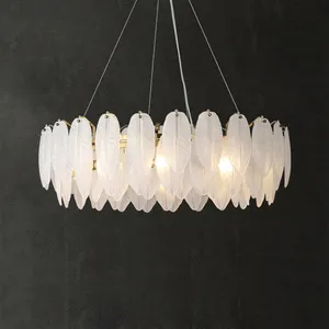 Lámpara colgante redonda de hoja de vidrio soplado a mano para sala de estar, candelabro de cristal blanco de Arte de lujo de oro moderno