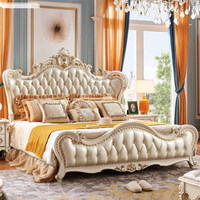 Lit double de style européen en bois massif et cuir pleine fleur, design néoclassique luxueux, avec espace de rangement et dossier souple