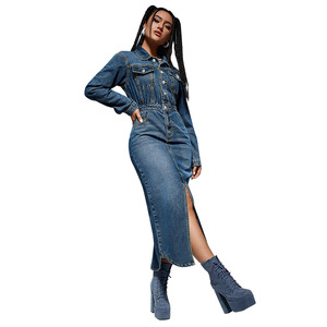 Robes <span class=keywords><strong>pour</strong></span> femmes en gros, vêtements à manches longues, boutons, poches, robe maxi, vêtements d'automne, mode streetwear, fente, robes en jean décontractées - Product Image 2