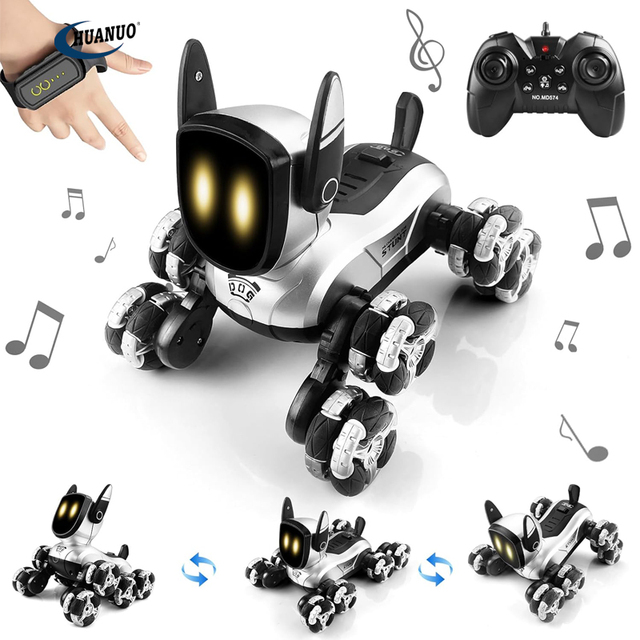 2.4GHz 8WD Gesture Sensing Rc Stunt Car with LED Eyes 360°Rotate Remote Control Dog Toy with Music & Light Robot Dog