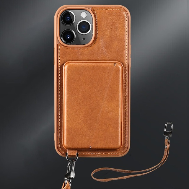 Wholesale Hidden Kickstand PU Leather Card Holder Magnetic Mobile Phone Case for iPhone 13 14 15 Pro Max with Wrist Strap