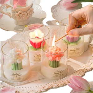 Velas Aromáticas Hechas a Mano con Forma de Ramo de Tulipanes, Cera de Soja, para el Día del Padre, Bodas, Decoración del Hogar, Vela en Vaso de Vidrio para el Día - Product Image 1