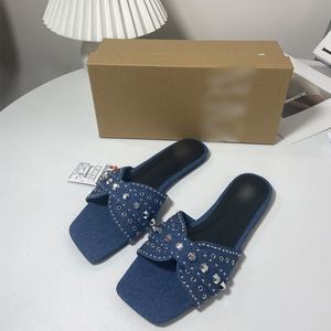 QuiteS 럭셔리 비치 디자이너 플랫 샌들 오픈 발가락 카우보이 라인 석 리벳 슬리퍼에 대 한 데님 청바지 캐주얼 플립 플롭 - Product Image 3