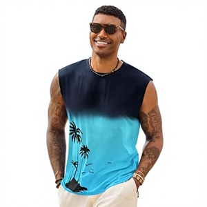 Débardeur sans manches dégradé pour homme, col rond, imprimé décontracté, respirant, en polyester tricoté, motif palmier bleu et noir - Product Image 1