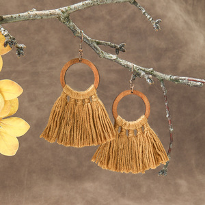 Bohemian Wood Tassel <b>Drop</b> Earrings Geometric Shape Antique <b>Bronze</b> Plated Women's Party Fashion Jewelry - Product Image 4
