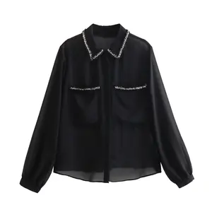 Turn down collar black color long sleeve buttons up casual elegant chiffon blouse tops for women
