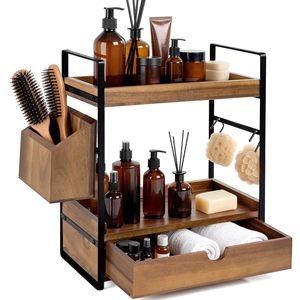2-Tier Multifunction Standing <b>Kitchen</b> Counter Organizer Drawer Basket Wood Countertop <b>Storage</b> Skincare Organizers Vanity Counter - Product Image 1