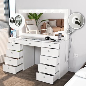 <span class=keywords><strong>Commode</strong></span> <span class=keywords><strong>contemporaine</strong></span> à tiroirs avec miroir éclairé, dessus en verre blanc et panneau de bois, table de courtoisie moderne pour le maquillage - Product Image 3