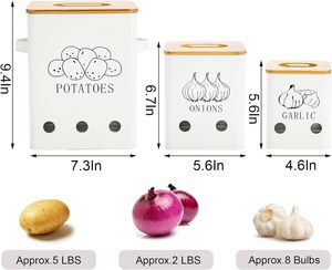 Vegetable Storage Tins, Metal Onion Garlic <strong>Potato</strong> Jars Set, Kitchen Canisters Vegetable Keeper <strong>Containers</strong> with Wooden Lid - Product Image 2