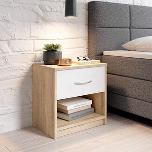 Mesita <span class=keywords><strong>de</strong></span> <span class=keywords><strong>Noche</strong></span> Moderna <span class=keywords><strong>de</strong></span> Madera con Diseño <span class=keywords><strong>de</strong></span> Panel en Acabado <span class=keywords><strong>Roble</strong></span> <span class=keywords><strong>Blanco</strong></span> Sonoma, con Cajón <span class=keywords><strong>de</strong></span> Altura Ajustable para Dormitorio - Product Image 1