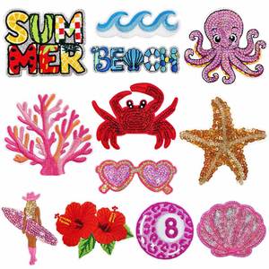 Patch thermocollant en tissu brodé de sequins, motifs été, plage, surf, lunettes de soleil, corail, pieuvre, serviette - Product Image 1