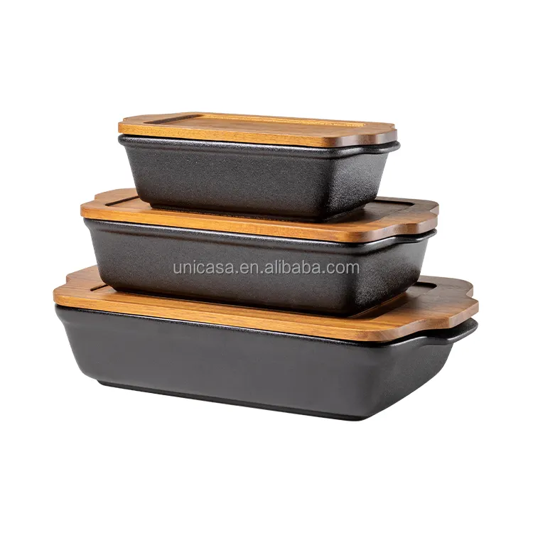 Новейший дизайн, домашняя посуда для ресторана, Черная Керамическая форма для выпечки с деревянной крышкой