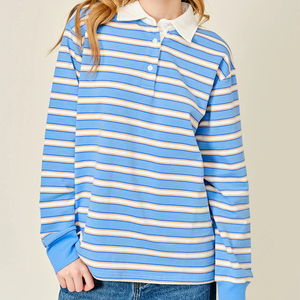 Custom Preppy Loose Casual <strong>Shirt</strong> Long Sleeve Soft Cotton <strong>Polo</strong> <strong>Shirt</strong> <strong>Women</strong> Striped Oversized Drop Shoulder <strong>Polo</strong> Sweatshirt - Product Image 3