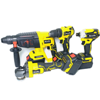 Ensemble d'outils électriques sans fil 4-en-1 jaune pour chantier, comprenant une clé à chocs, une perceuse, une meuleuse d'angle et un marteau
