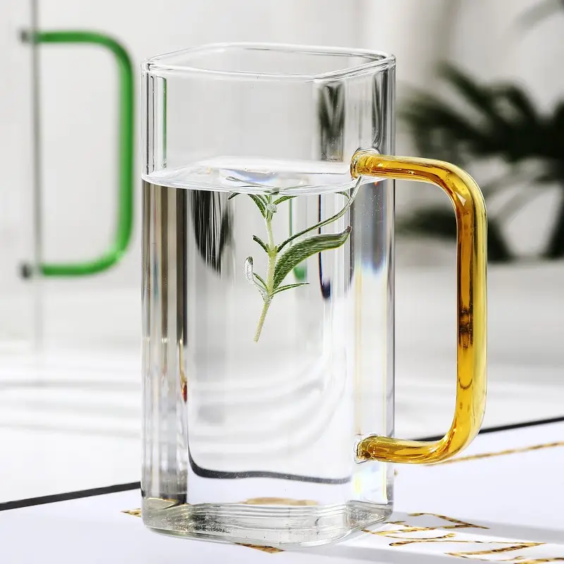 Puxador de vidro quadrado para beber, copo quadrado colorido de 380ml, 12.8oz, vidro de borosilicate, copo de café, leite, camada única, copo