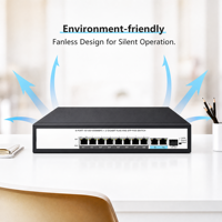 Switch PoE+ Gigabit non géré 8 ports, 30W/Port, budget 120W, 2 ports RJ45 + 1 port SFP Uplink, extension 250m, montage en rack sans ventilateur, caméra IP