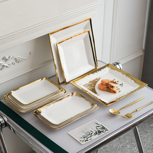 Assiette rectangulaire de luxe avec bord doré, plateau de service en céramique pour hôtel, restaurant, dessert, sushi, steak, vaisselle en gros - Product Image 1