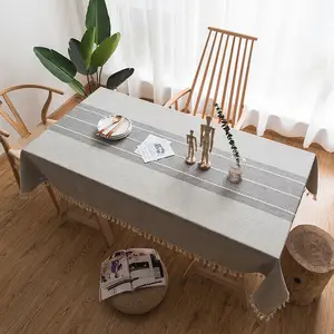 gestreiften stoffe baumwolle tisch tuch Suppliers-Tischdecken Bestickt mit Fransen Quasten Rechteck Baumwolle Leinen Stoff Streifen Tischdecke