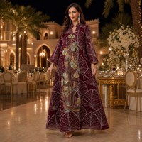 Abaya en maille de polyester brodée avec des perles de sequins 3D, col mandarin et manches évasées pour l'Aïd, les banquets du soir et les soirées formelles