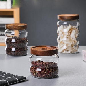Airtight Glass Storage <b>Jar</b> <b>With</b> Wooden <b>Lid</b> For Coffee Beans Grains Seasonings Round Shape 2535 - Product Image 1