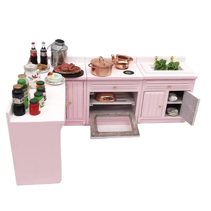 1:12 Mini Doll House Kitchen Play Cabinet Miniature Food Play Model Cooking Table Sink Counter Set Combination