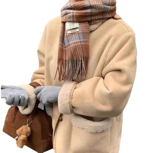 Women's Korean Style Suede Fleece Coat Khaki Loose Fit Warm Autumn Winter Outerwear - Product Image 5