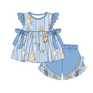 GSPO2281 CUSTOM Little Active <b>Girl</b> blue easter bunny Print Outfits Kids Wholesale short Sleeve <b>Set</b> <b>Girl</b> Child - Product Image 6