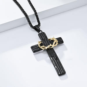 <b>Cross</b> Necklace Men Stainless Steel Black <b>Cross</b> With Gold Thorn Wreath Pendant Fashion Jewelry For Men - Product Image 4