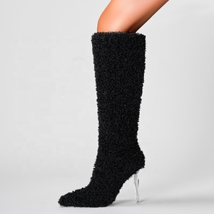 Crystal Heels Women Fur Knee High Boots Pointy Toe Side Zipper Long Booties Wide Feet Size 46 Winter <b>Shoes</b> - Product Image 2