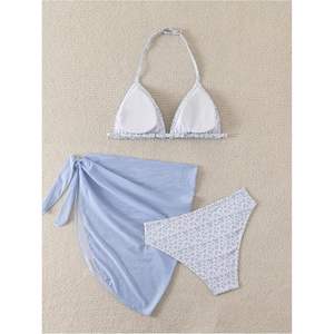 Ensemble de bikini d'été personnalisé pour filles, motif floral, haut triangle, deux pièces, vêtements de plage avec jupe enveloppante, extensible, en spandex et nylon - Product Image 5